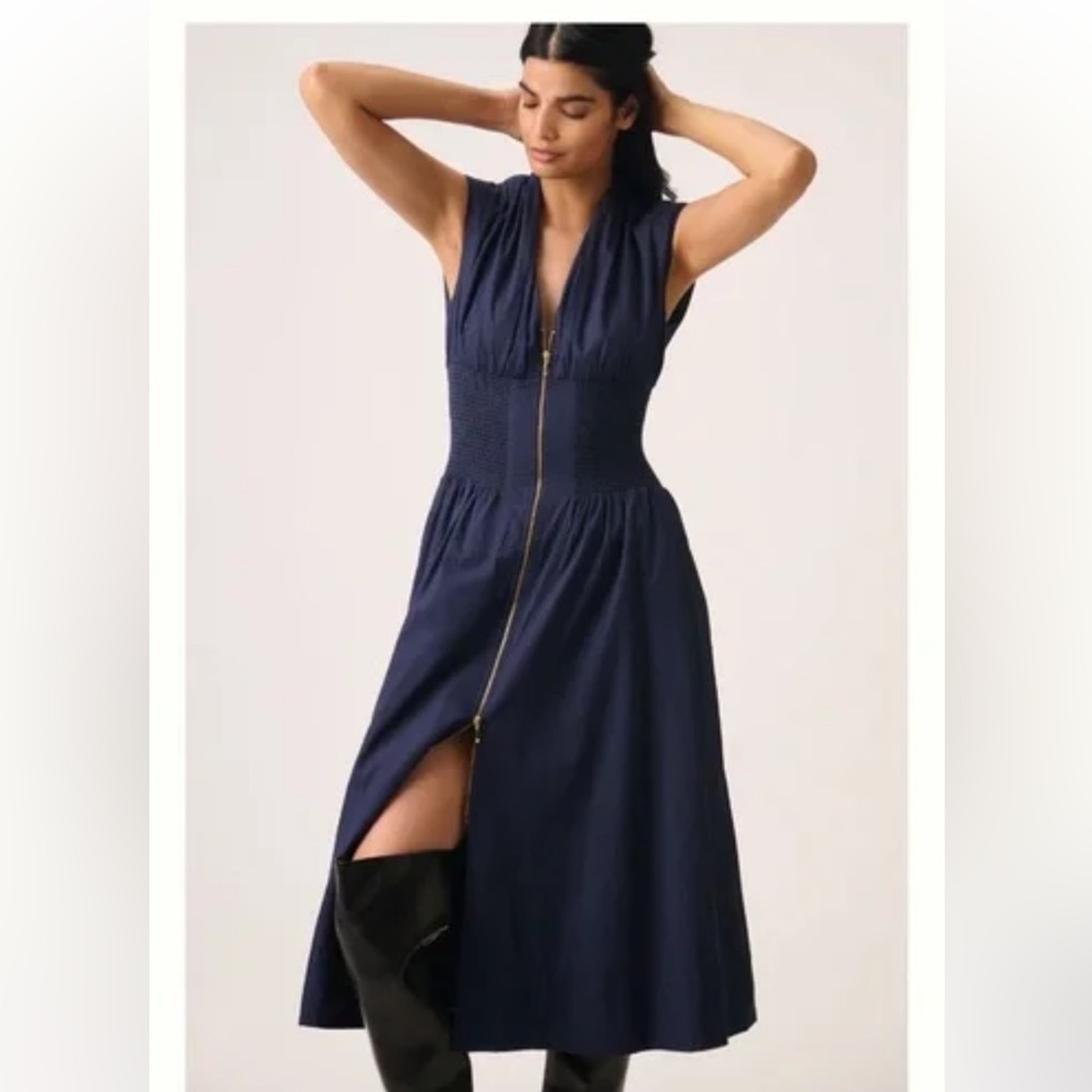 Anthropologie Tommie Cap-Sleeve Smocked Front-Zip Shirt Dress — size M